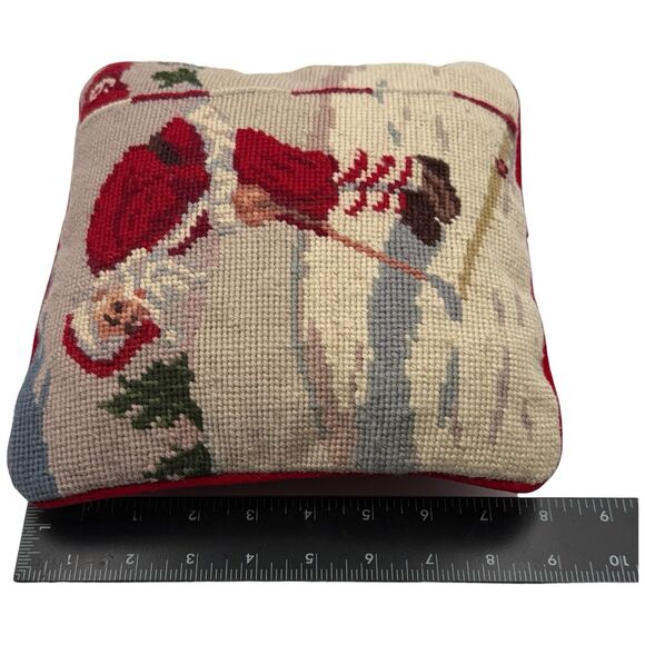 Vtg Needlepoint Pillow Santa Golfing 9" Sq Red Velvet Backing Christmas Decor - Picture 14 of 14